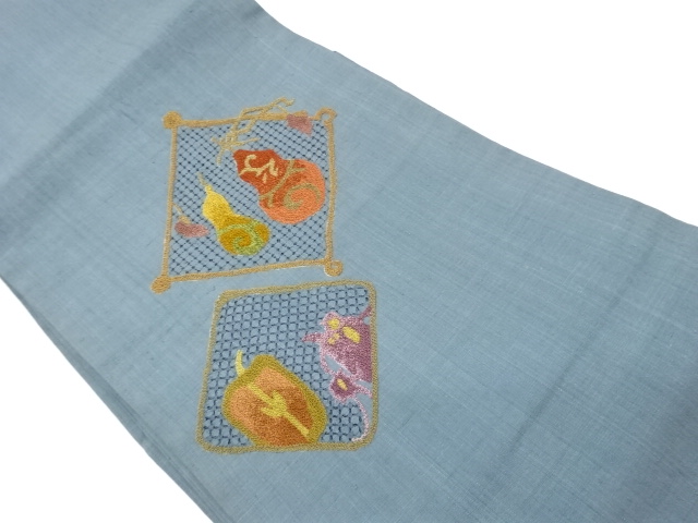 手織り紬汕頭刺繍菱に瓢箪・野菜模様名古屋帯